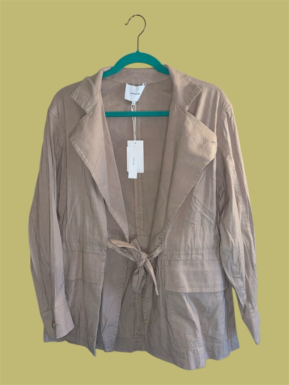 Vince Oat Linen Wrap Jacket with Waist Belt